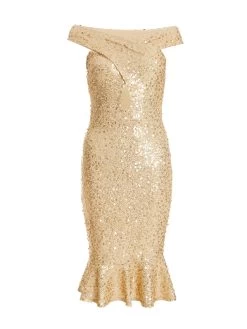 Petite Gold Sequin Bardot Midi Dress
