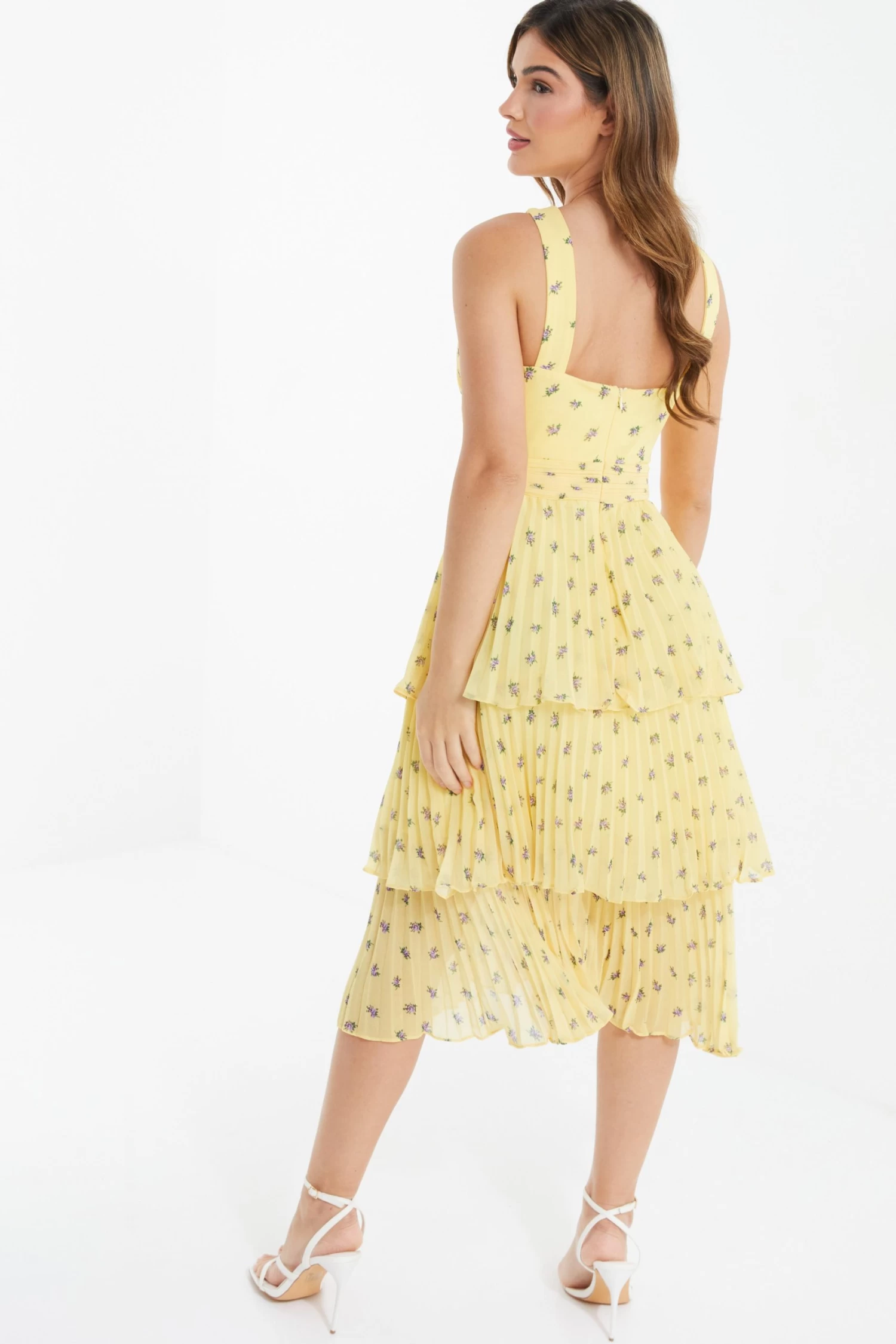 Yellow Chiffon Floral Tiered Midi Dress - Image 3