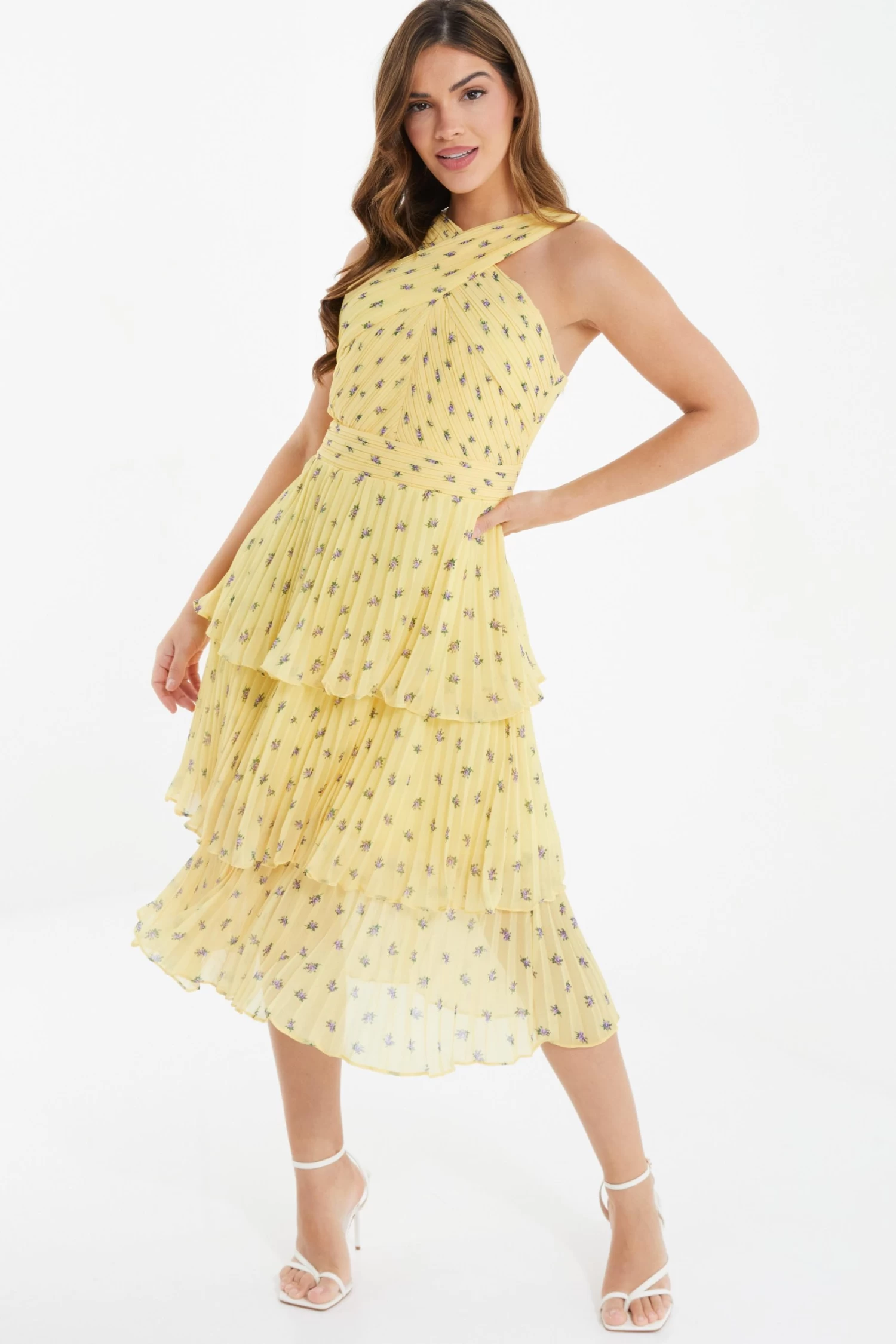 Yellow Chiffon Floral Tiered Midi Dress - Image 2
