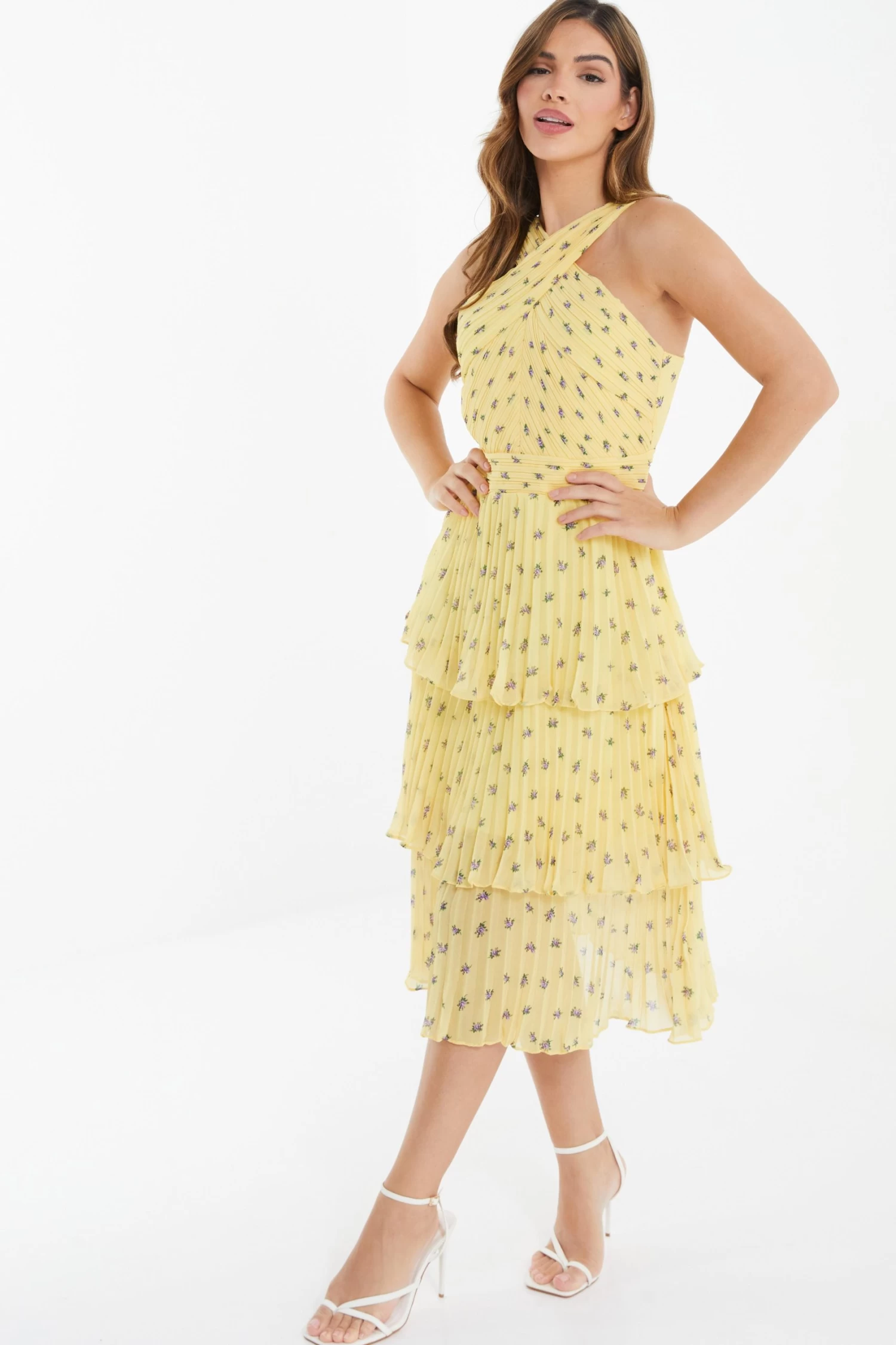 Yellow Chiffon Floral Tiered Midi Dress - Image 4