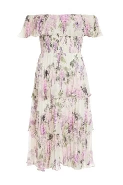 Petite White Chiffon Floral Bardot Midi Dress