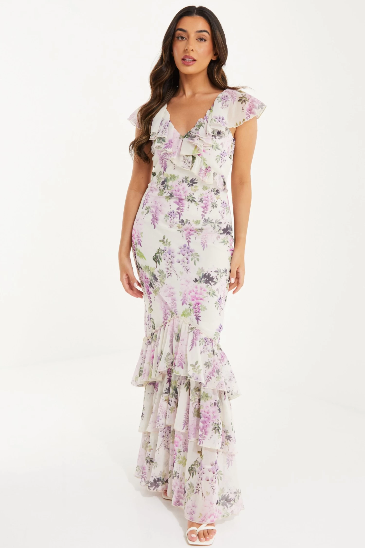 Petite White Chiffon Floral Frill Maxi Dress - Image 2