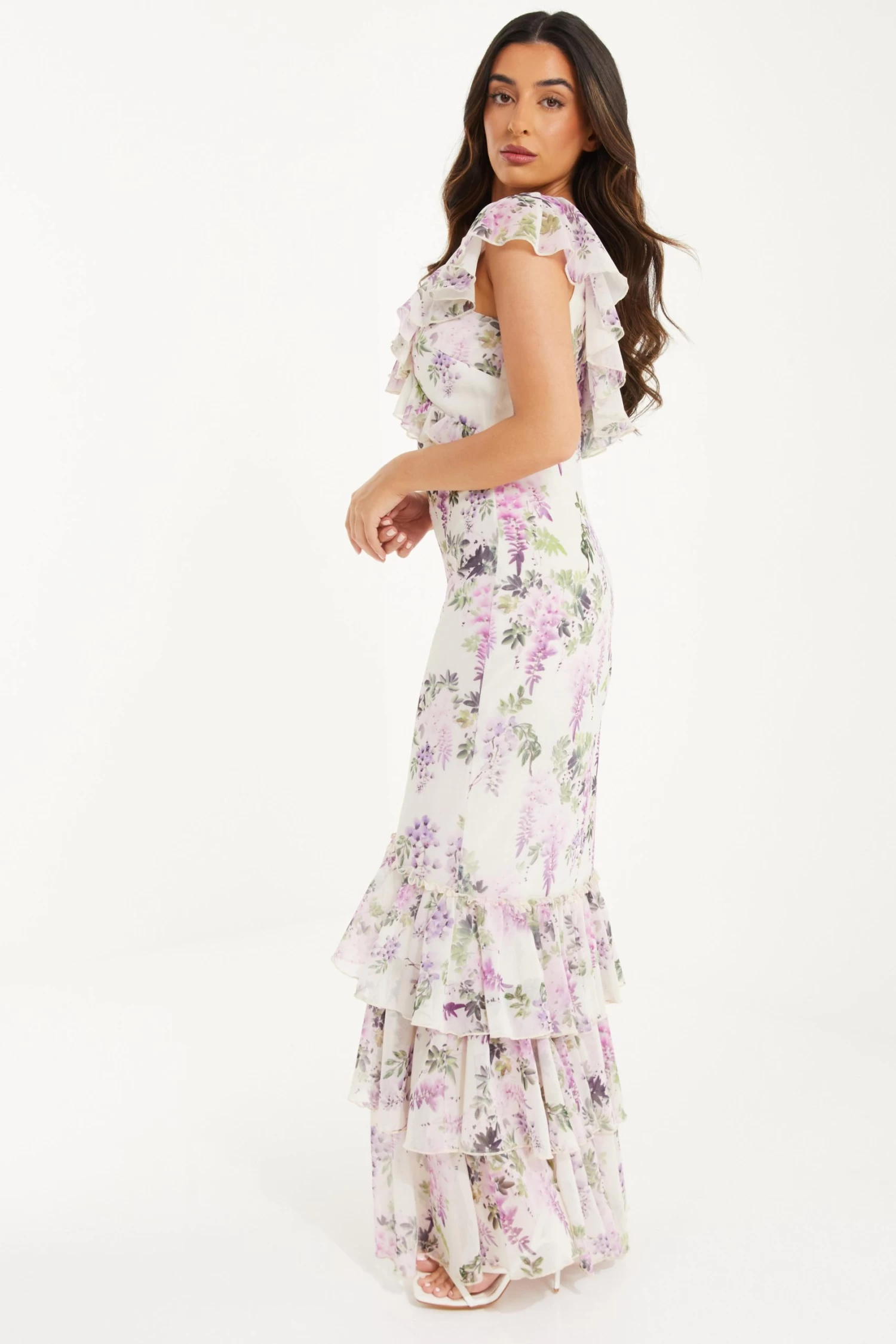 Petite White Chiffon Floral Frill Maxi Dress - Image 4