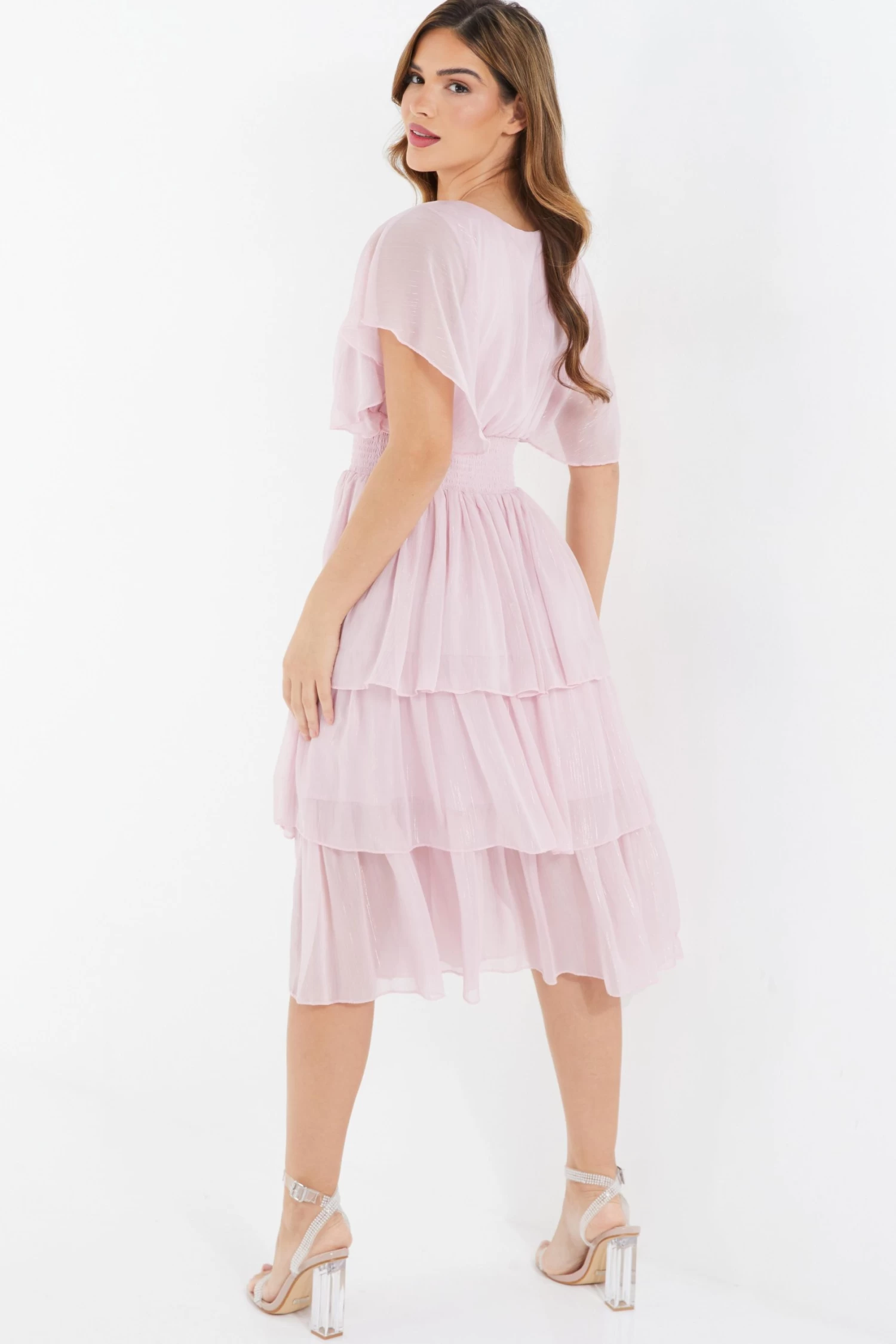 Pink Chiffon Tiered Midi Dress - Image 3