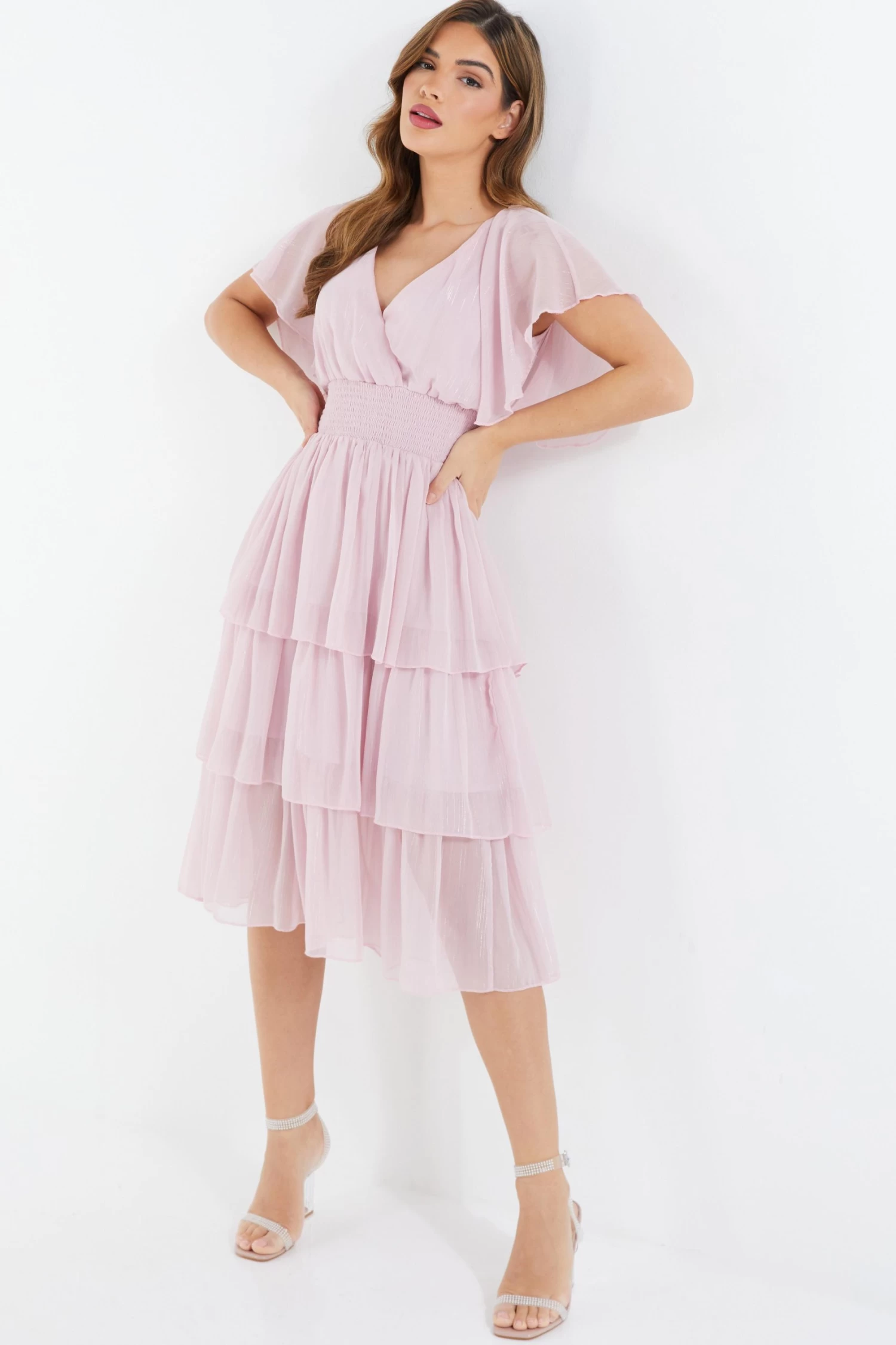 Pink Chiffon Tiered Midi Dress - Image 2