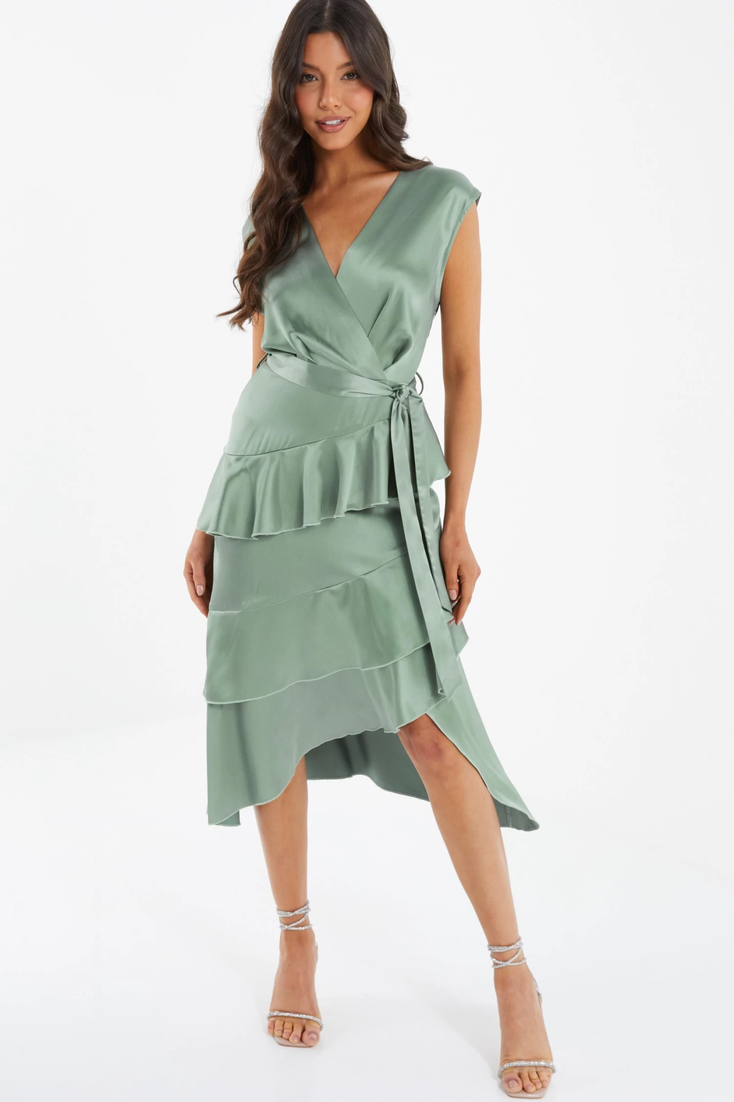 Sage Satin Tiered Midi Dress - Image 2