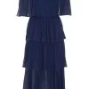 Navy Bardot Pleated Midaxi Dress