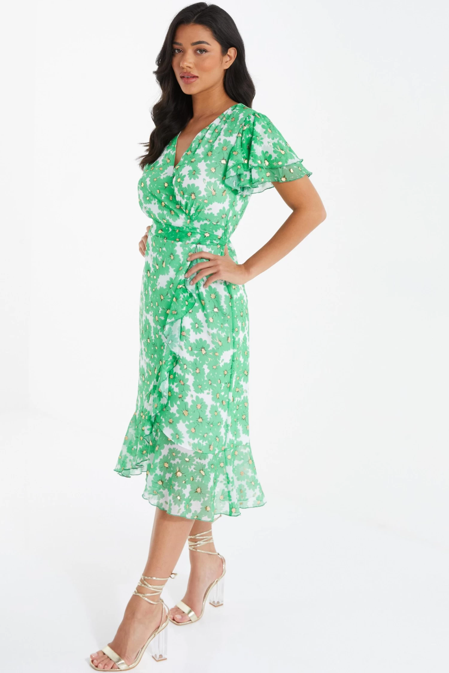 Green Chiffon Floral Wrap Midi Dress - Image 4
