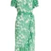 Green Chiffon Floral Wrap Midi Dress