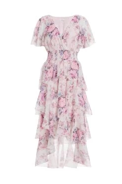 Pink Chiffon Floral Dip Hem Tiered Midi Dress