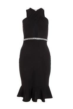 Petite Black Diamante Frill Midi Dress