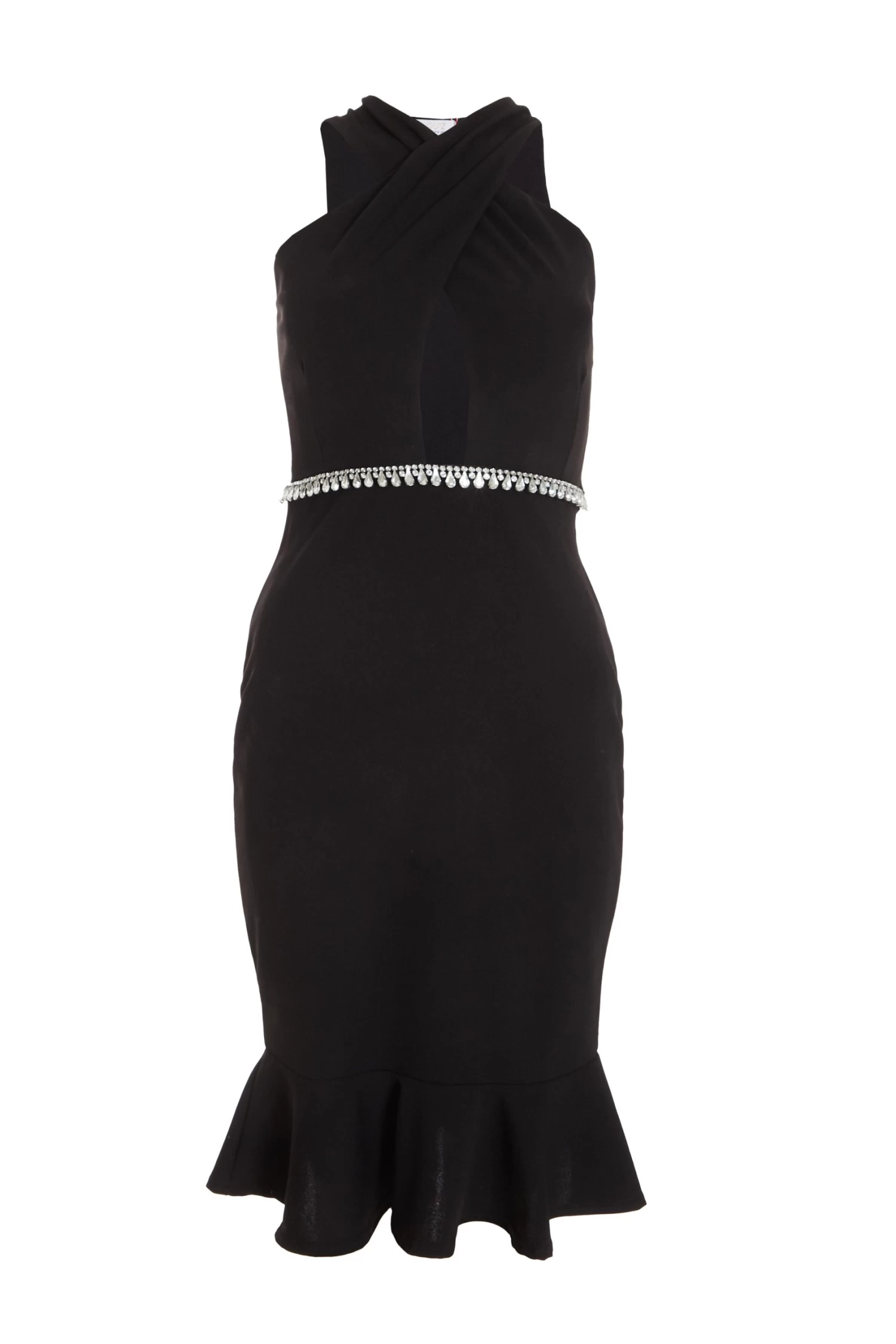 Petite Black Diamante Frill Midi Dress