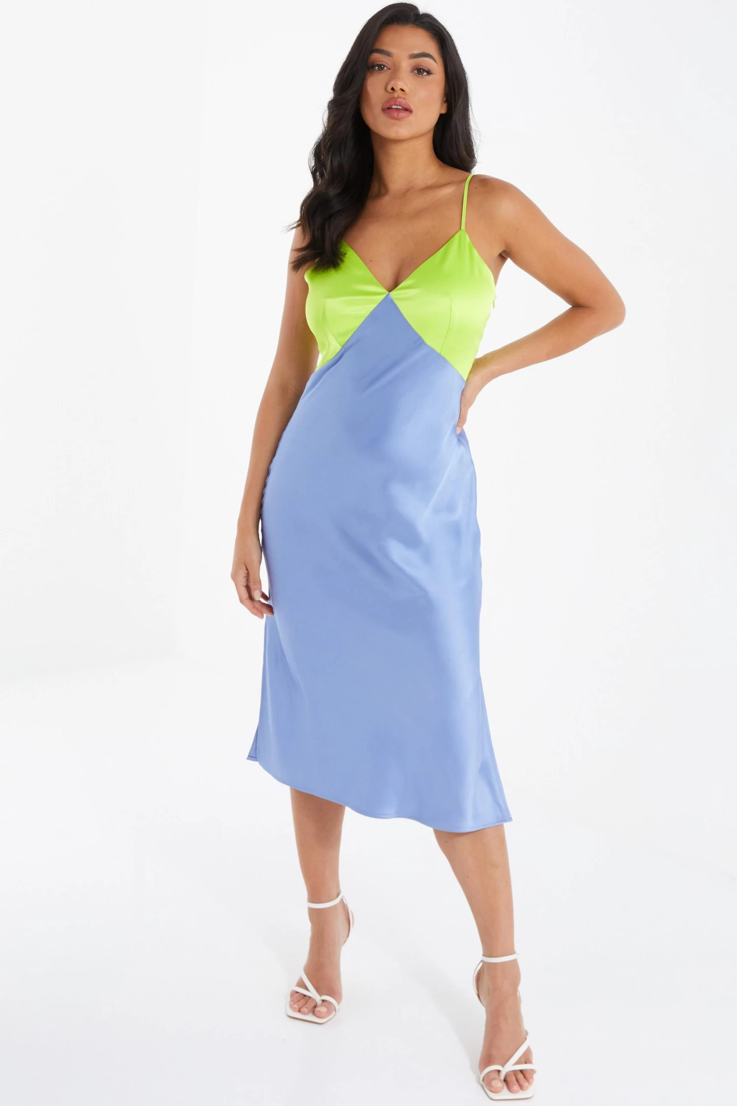 Blue Satin V Neck Midi Dress - Image 2