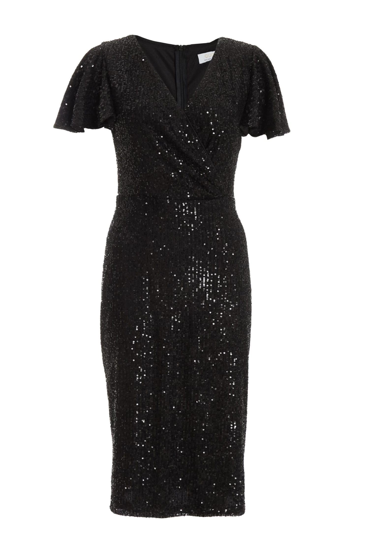 Black Sequin Wrap Midi Dress