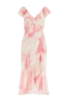 Pink Brush Stroke Frill Midaxi Dress