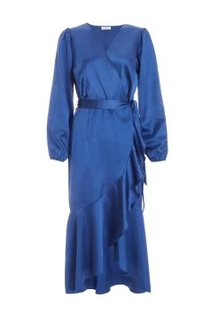 Blue Satin Wrap Midi Dress
