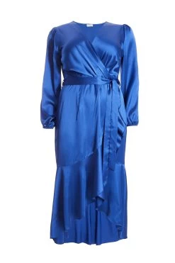 Curve Blue Satin Wrap Midi Dress