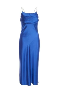 Petite Blue Satin Diamante Maxi Dress