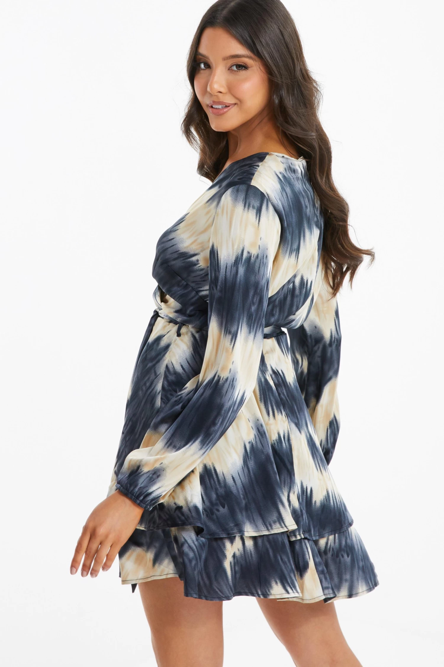 Champagne Satin Marble Print Wrap Mini Dress - Image 3