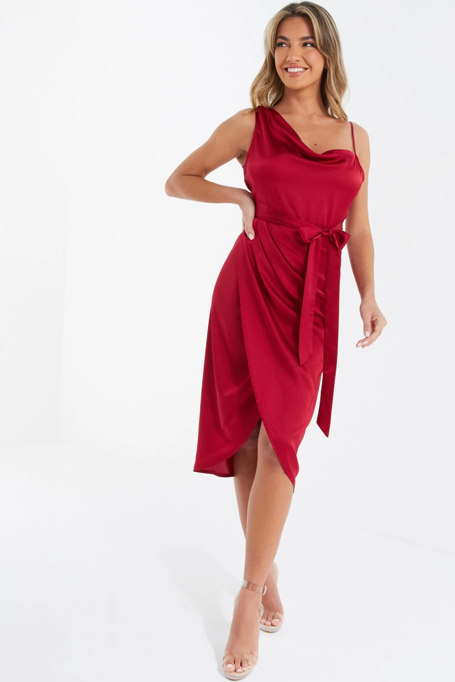 Berry Satin One Shoulder Midi Dress - Image 2