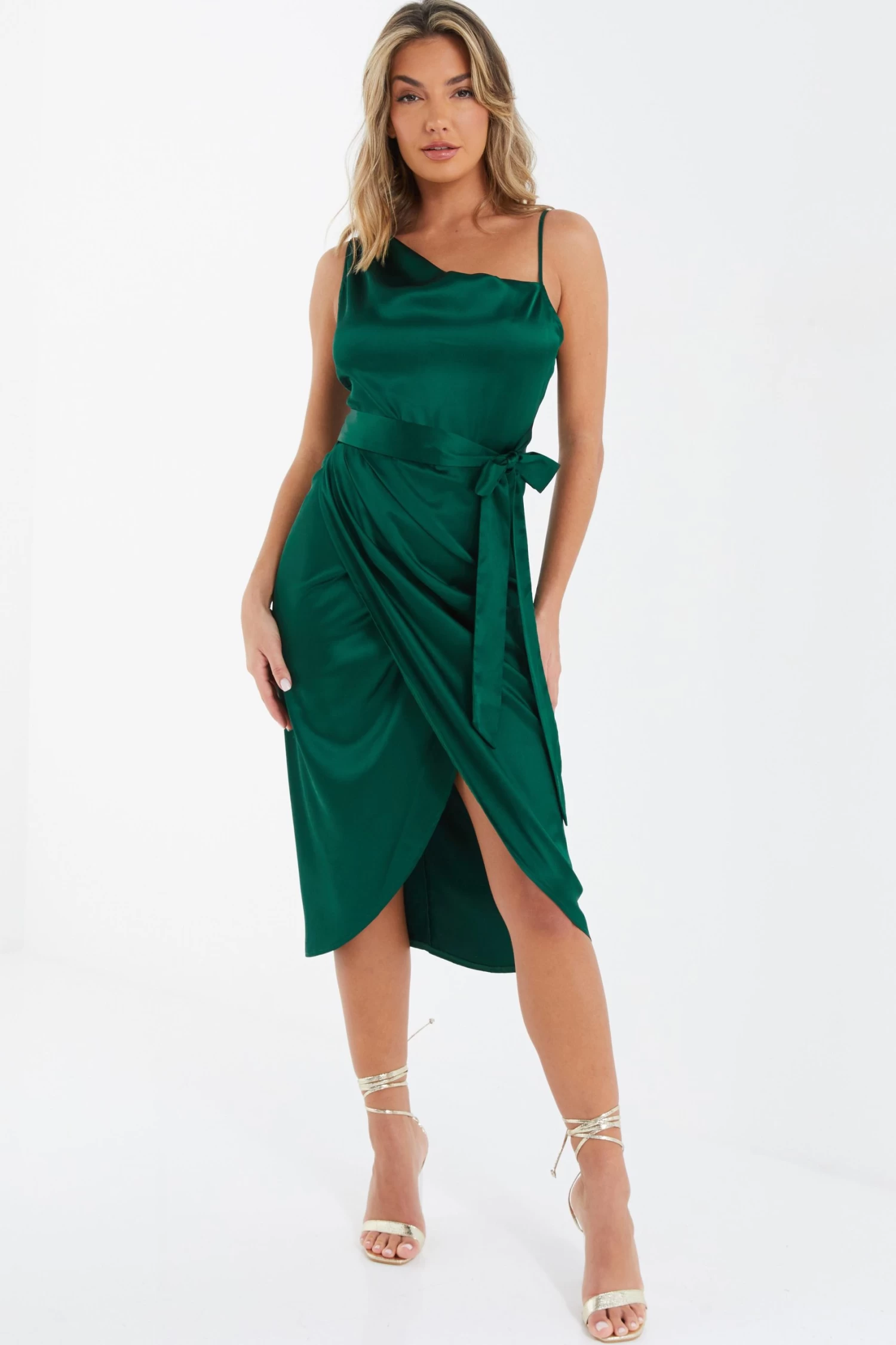 Bottle Green Satin One Shoulder Midi Dress - Image 2