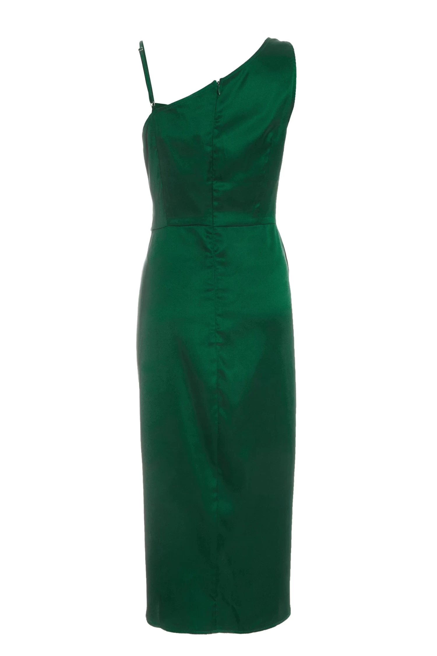 Bottle Green Satin One Shoulder Midi Dress - Image 5