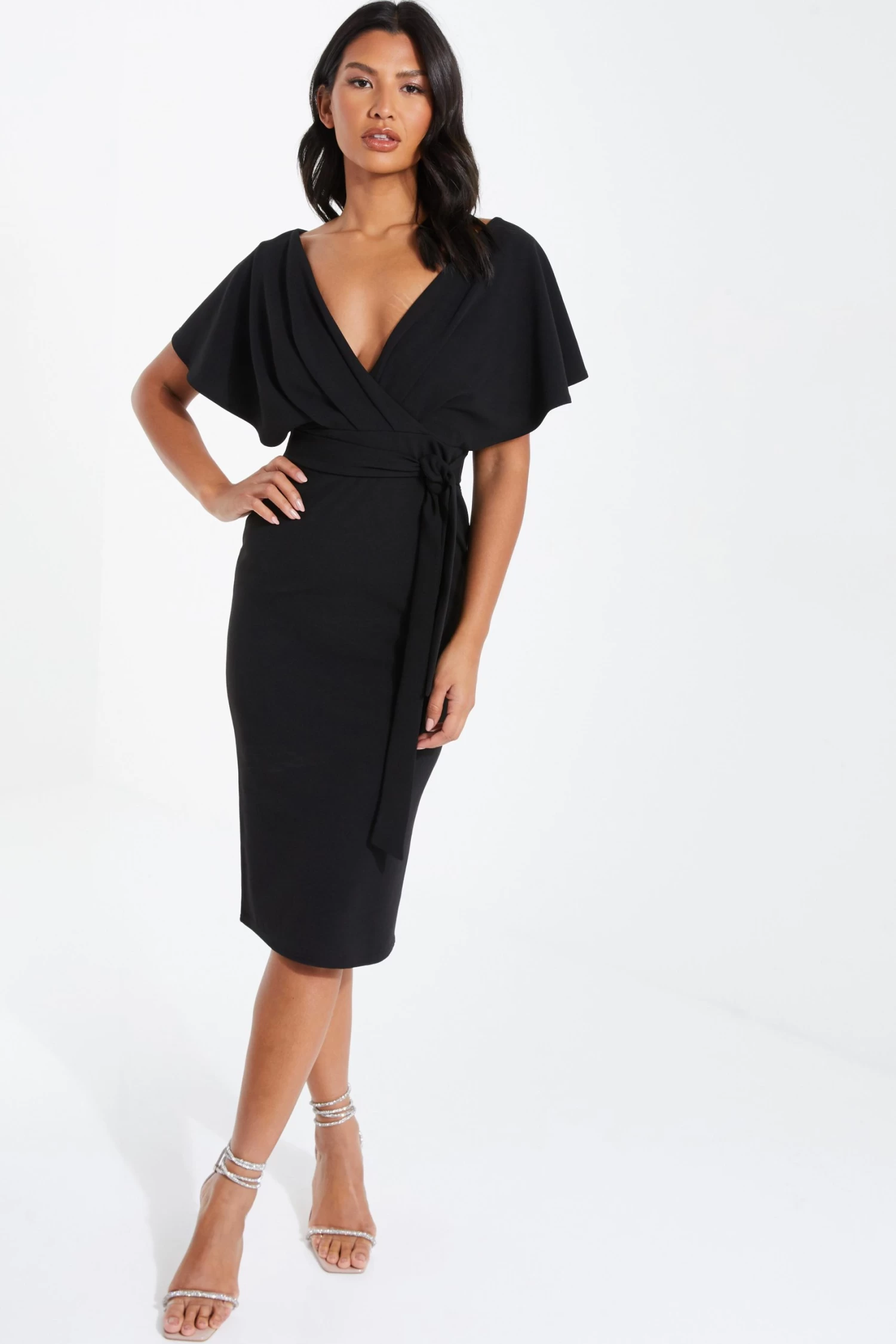 Black Angel Sleeve Wrap Midi Dress - Image 2