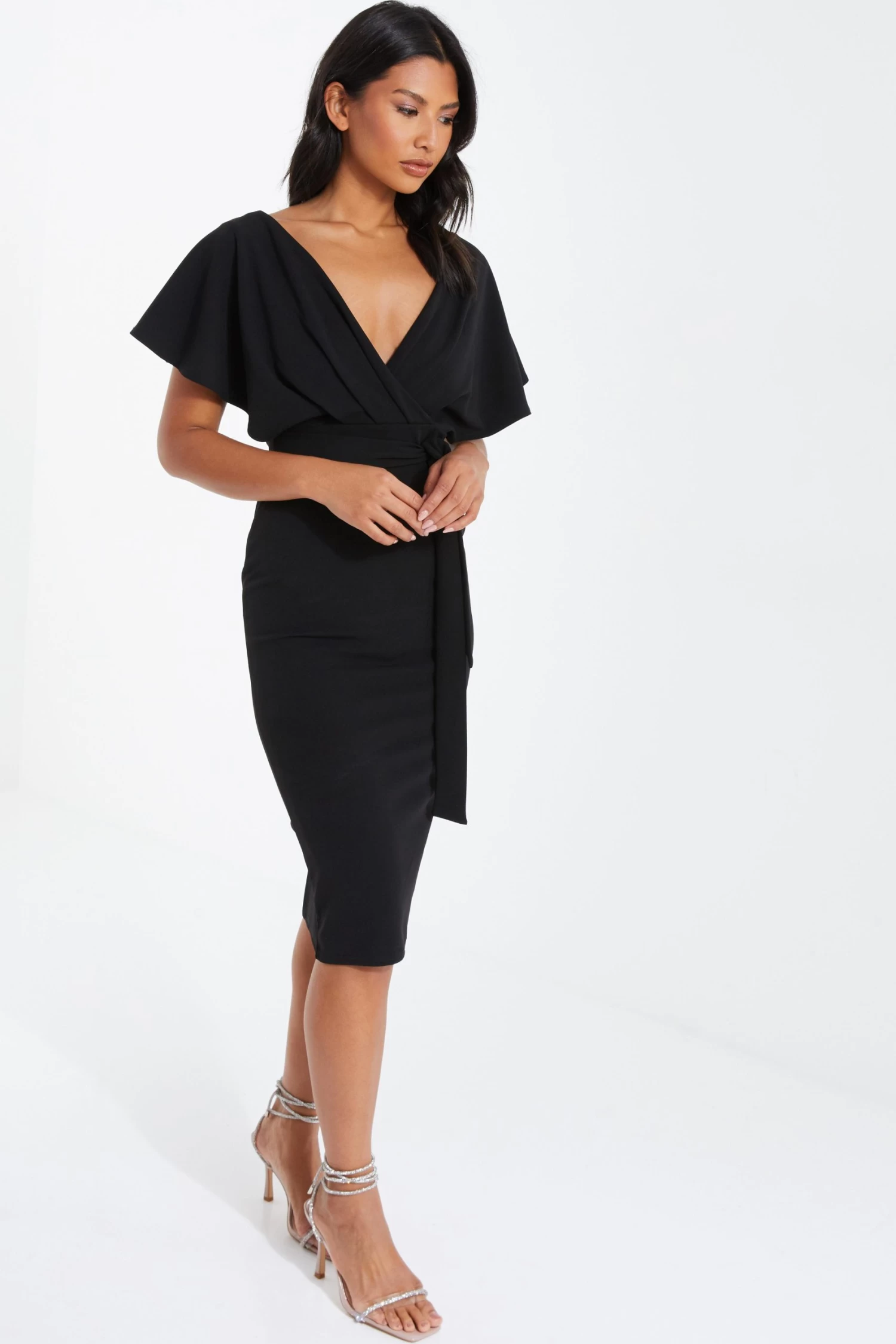 Black Angel Sleeve Wrap Midi Dress - Image 4