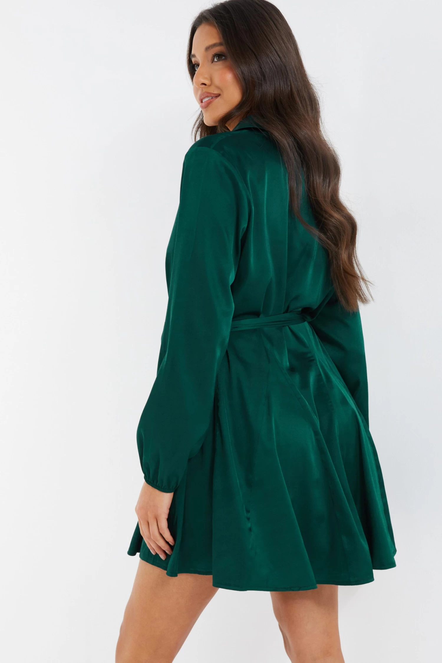 Bottle Green Diamante Shirt Mini Dress - Image 3