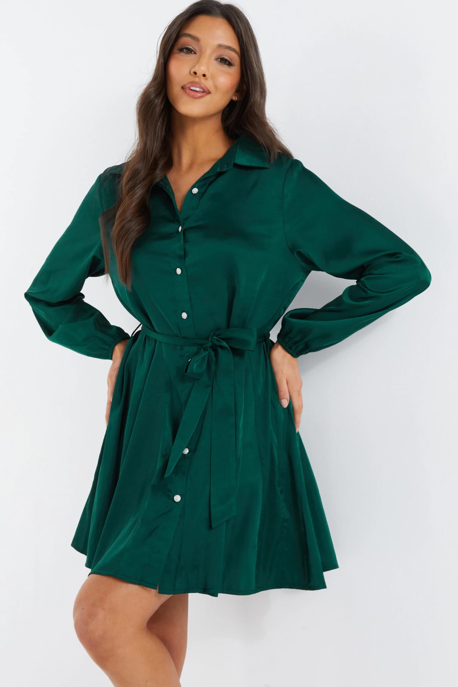 Bottle Green Diamante Shirt Mini Dress - Image 2