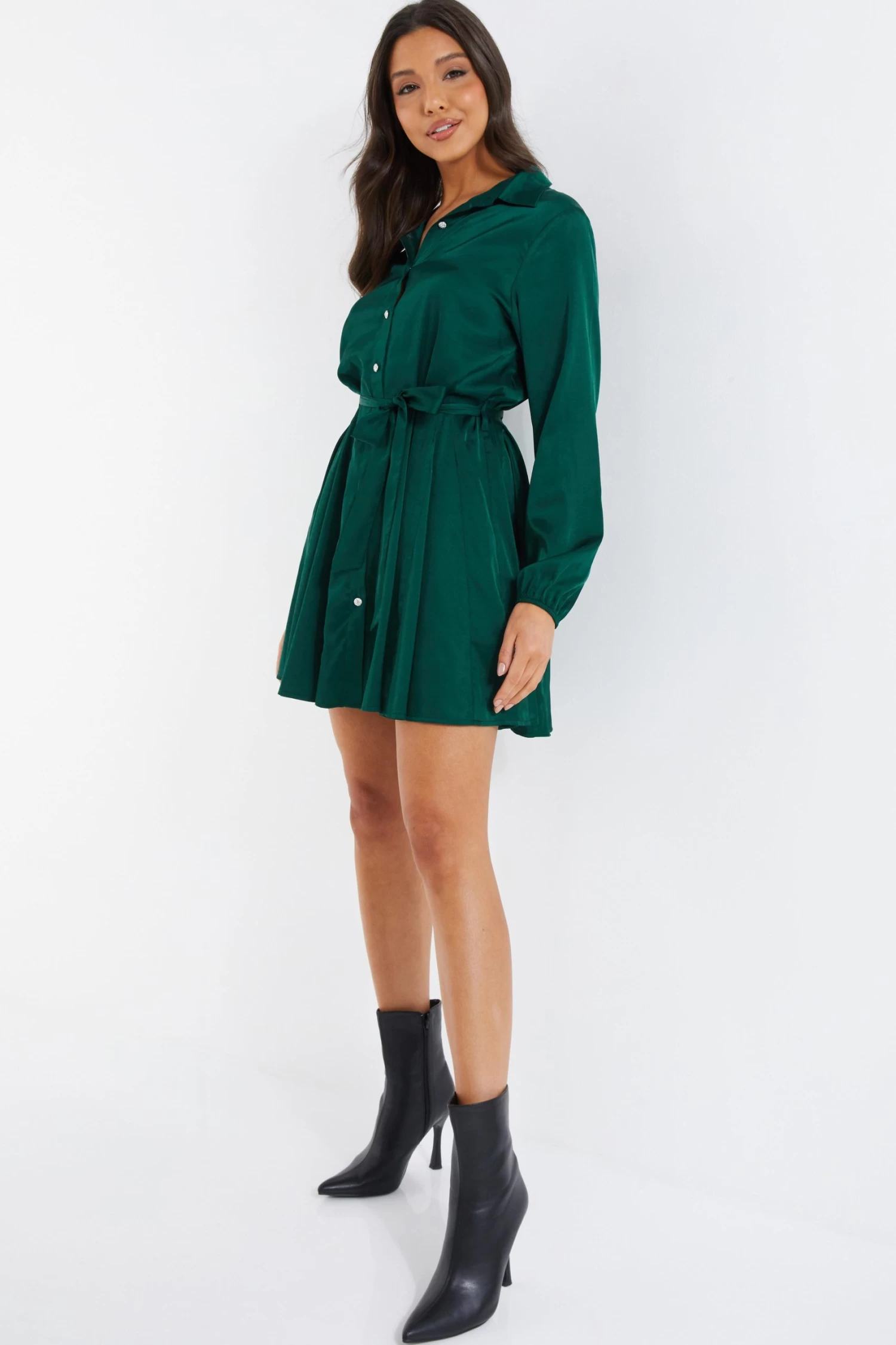 Bottle Green Diamante Shirt Mini Dress - Image 4