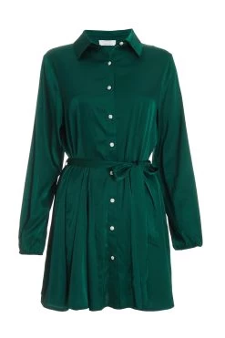 Bottle Green Diamante Shirt Mini Dress