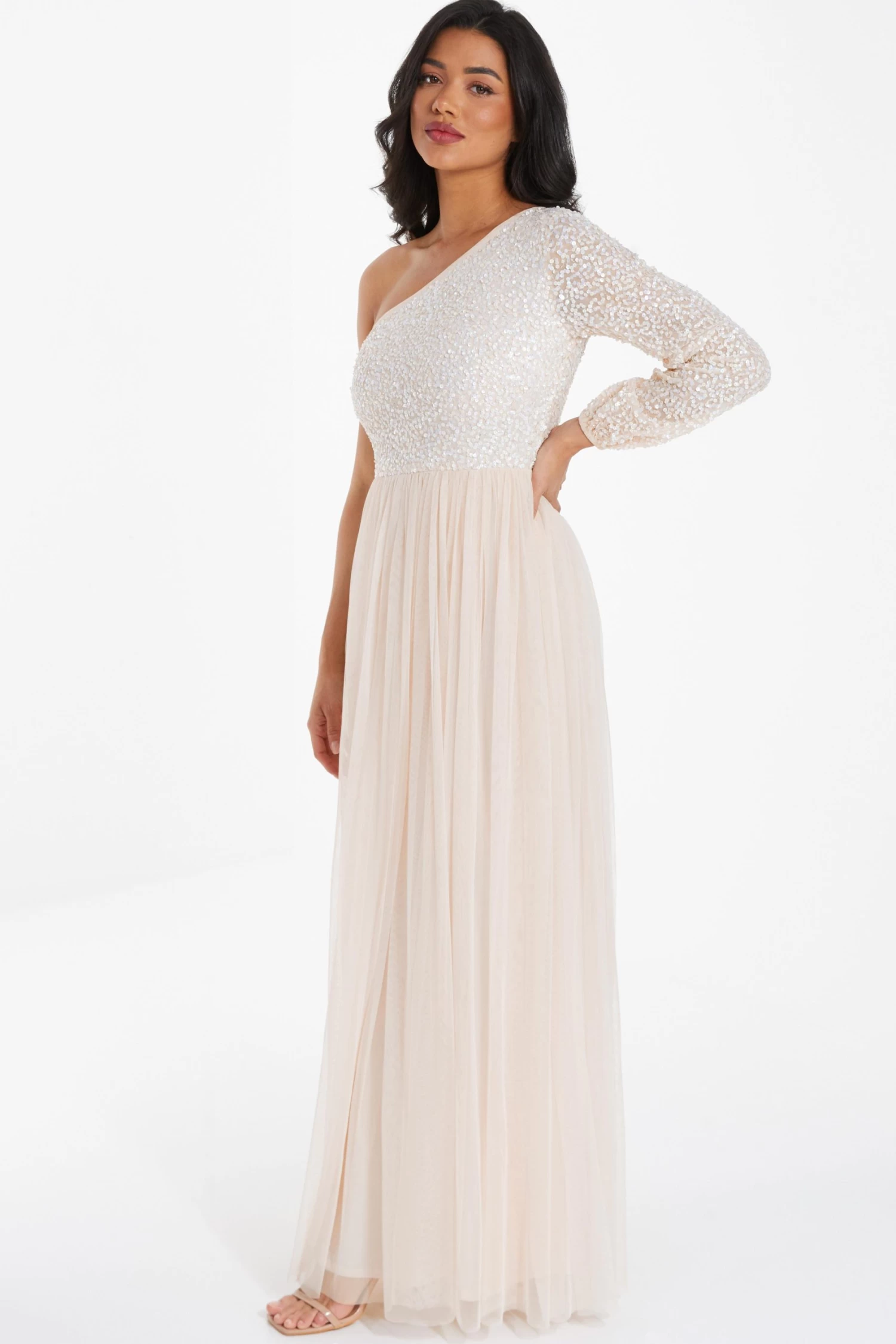 Champagne Sequin One Shoulder Maxi Dress - Image 4