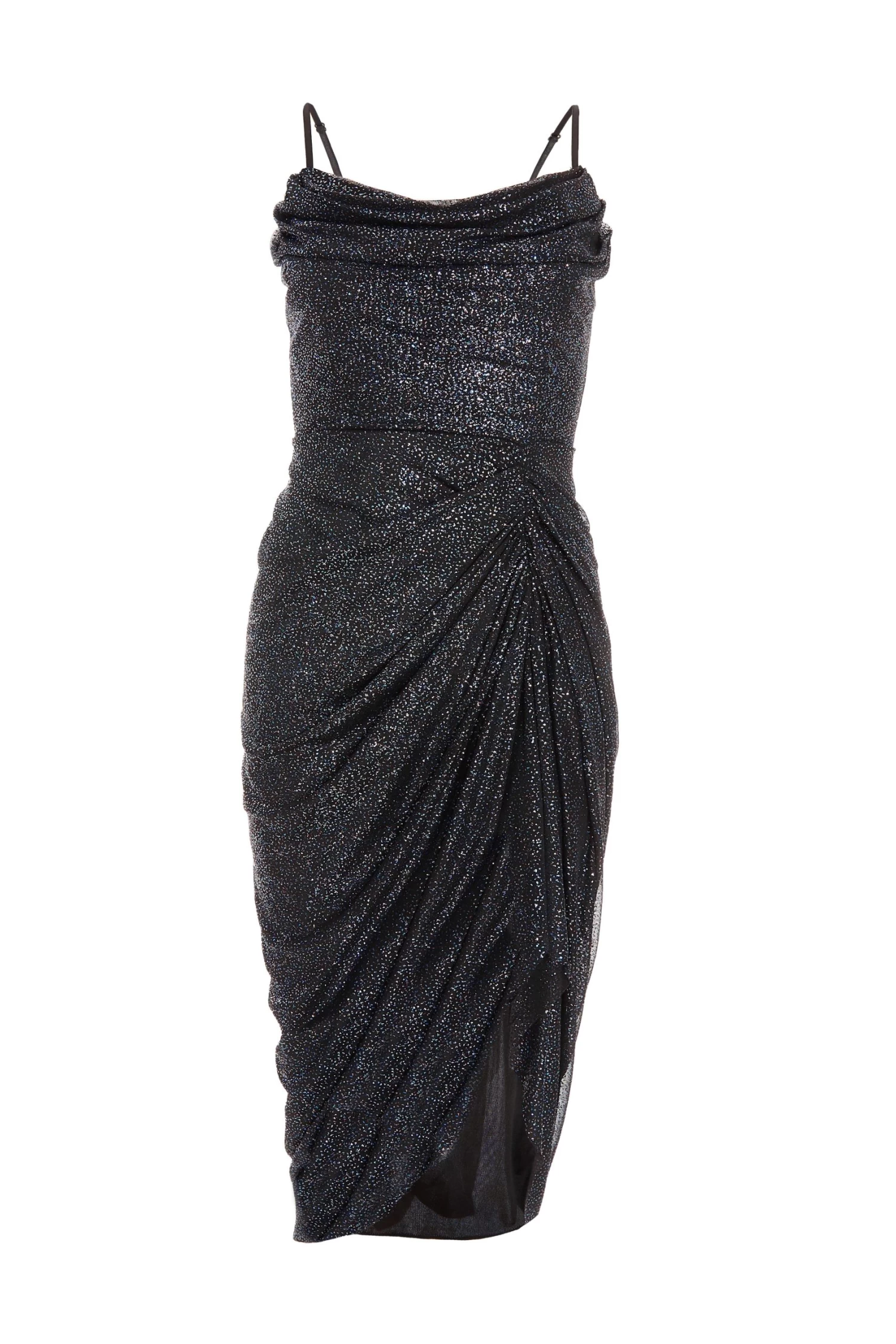 Black Glitter Cowl Neck Ruched Midi Dress