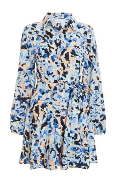 Blue Smudge Print Mini Shirt Dress