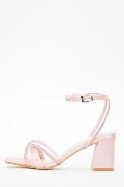 Pink Satin Diamante Block Heeled Sandals