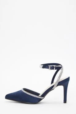 Navy Satin Diamante Trim Courts