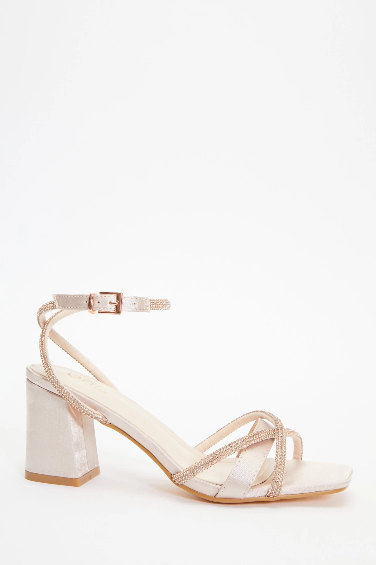 Champagne Satin Diamante Block Heeled Sandals - Image 2