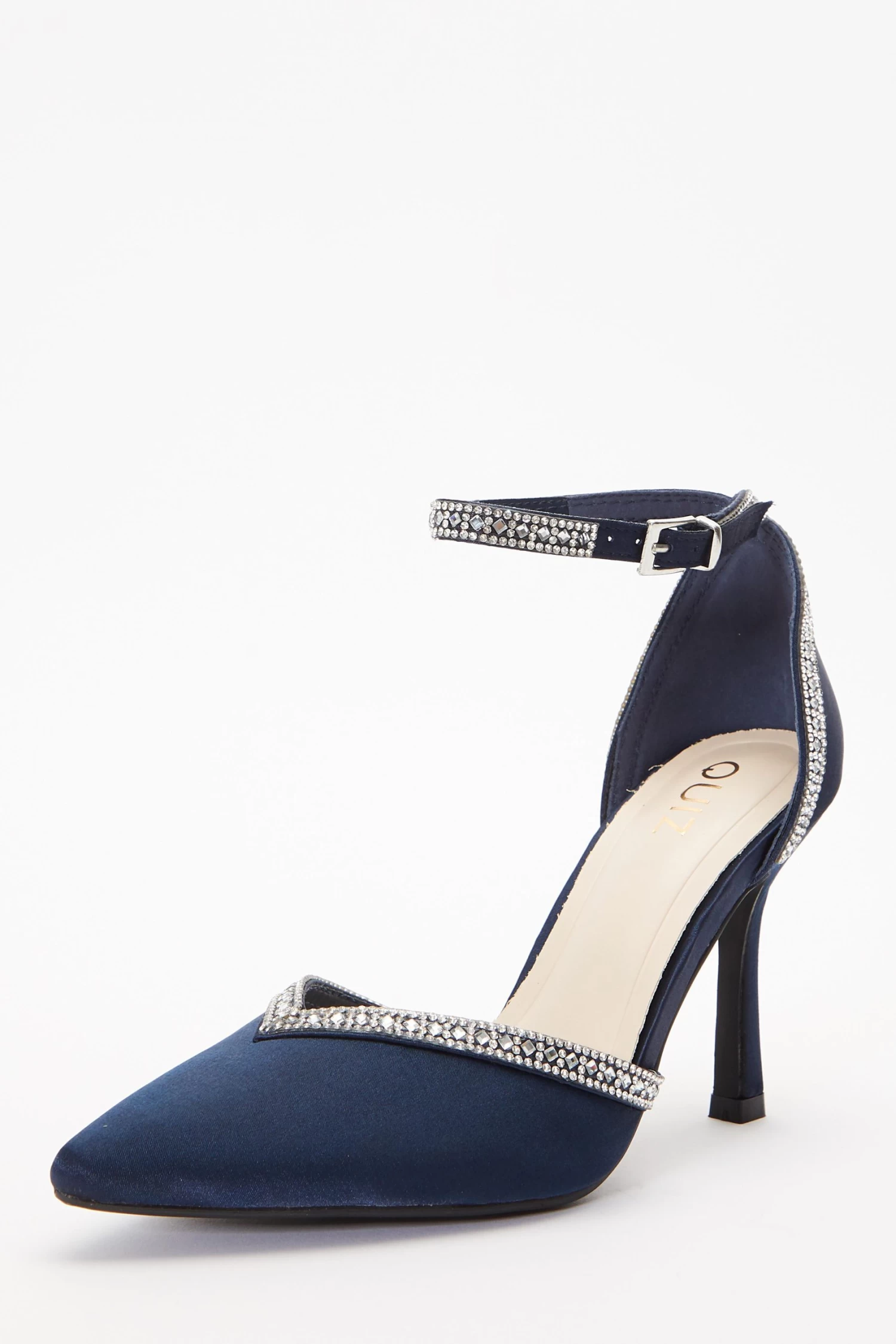 Navy Satin Diamante Trim Court Heels - Image 3