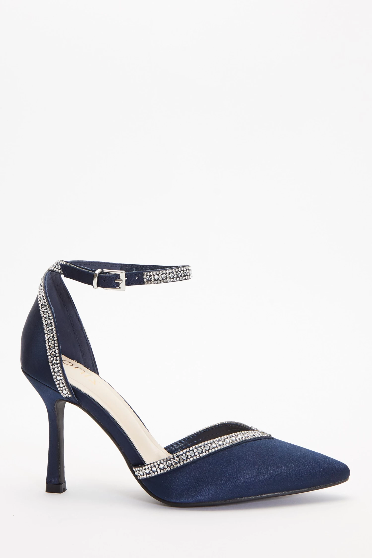 Navy Satin Diamante Trim Court Heels - Image 2