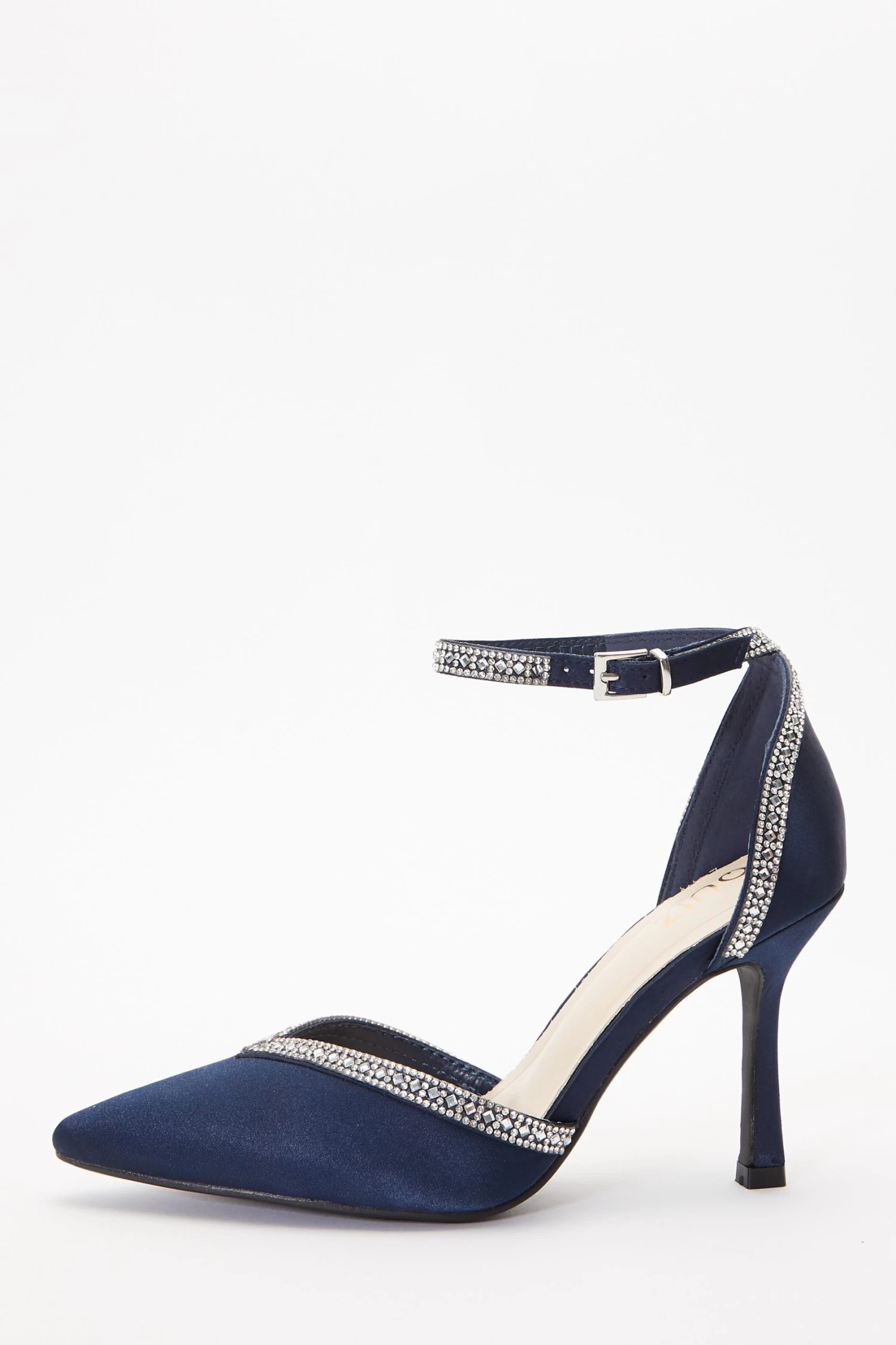 Navy Satin Diamante Trim Court Heels