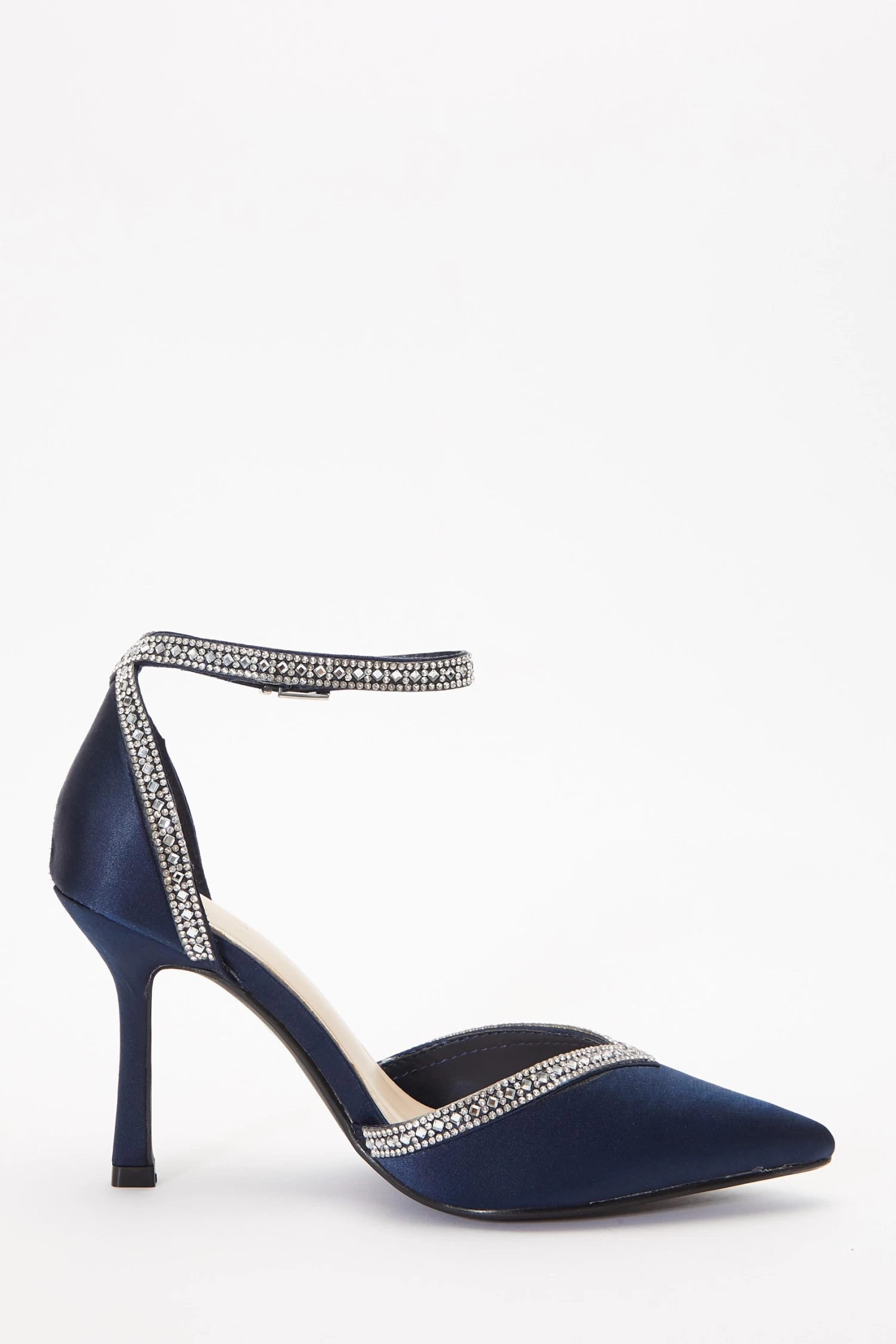 Navy Satin Diamante Trim Court Heels - Image 6