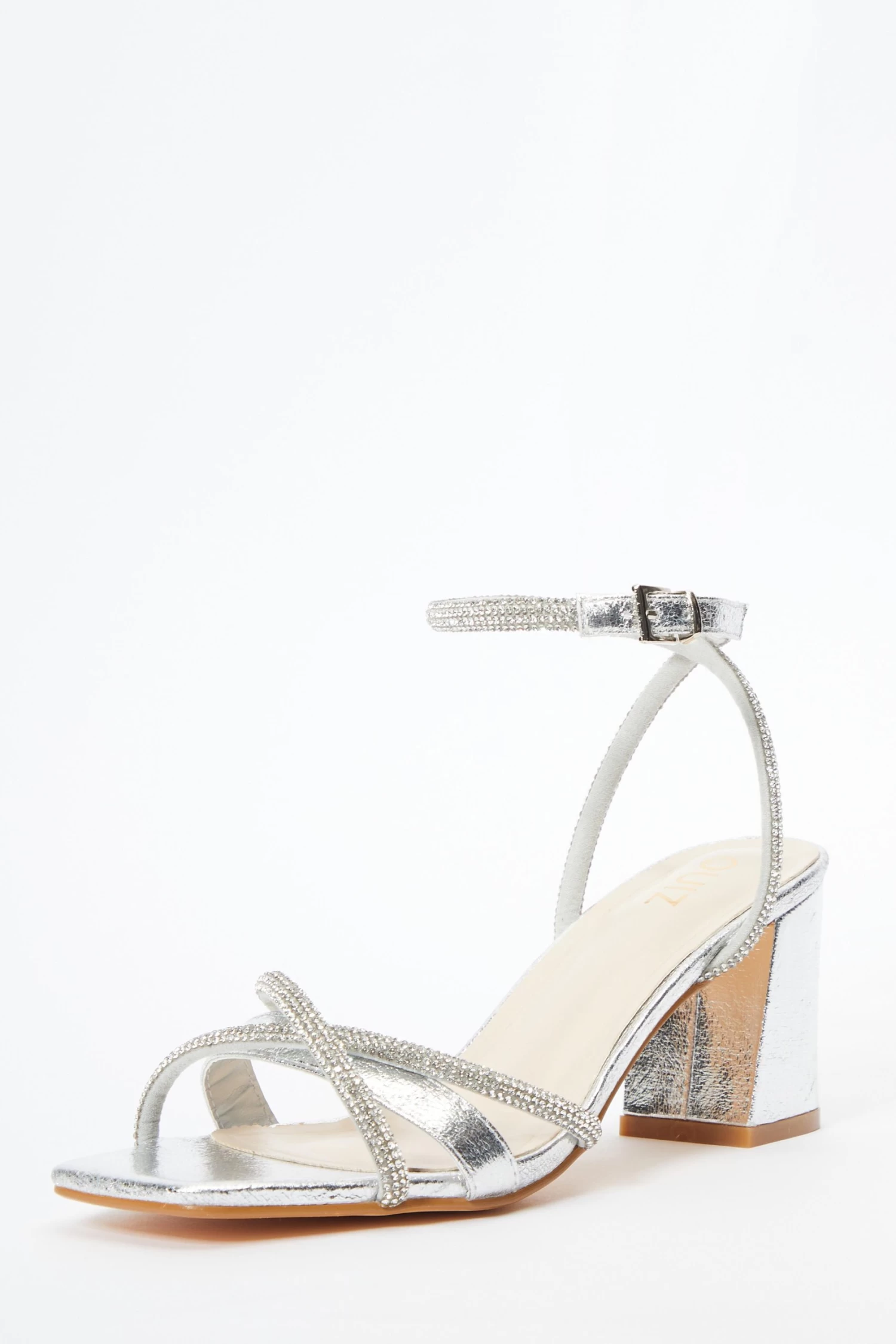 Silver Foil Diamante Block Heeled Sandals - Image 3