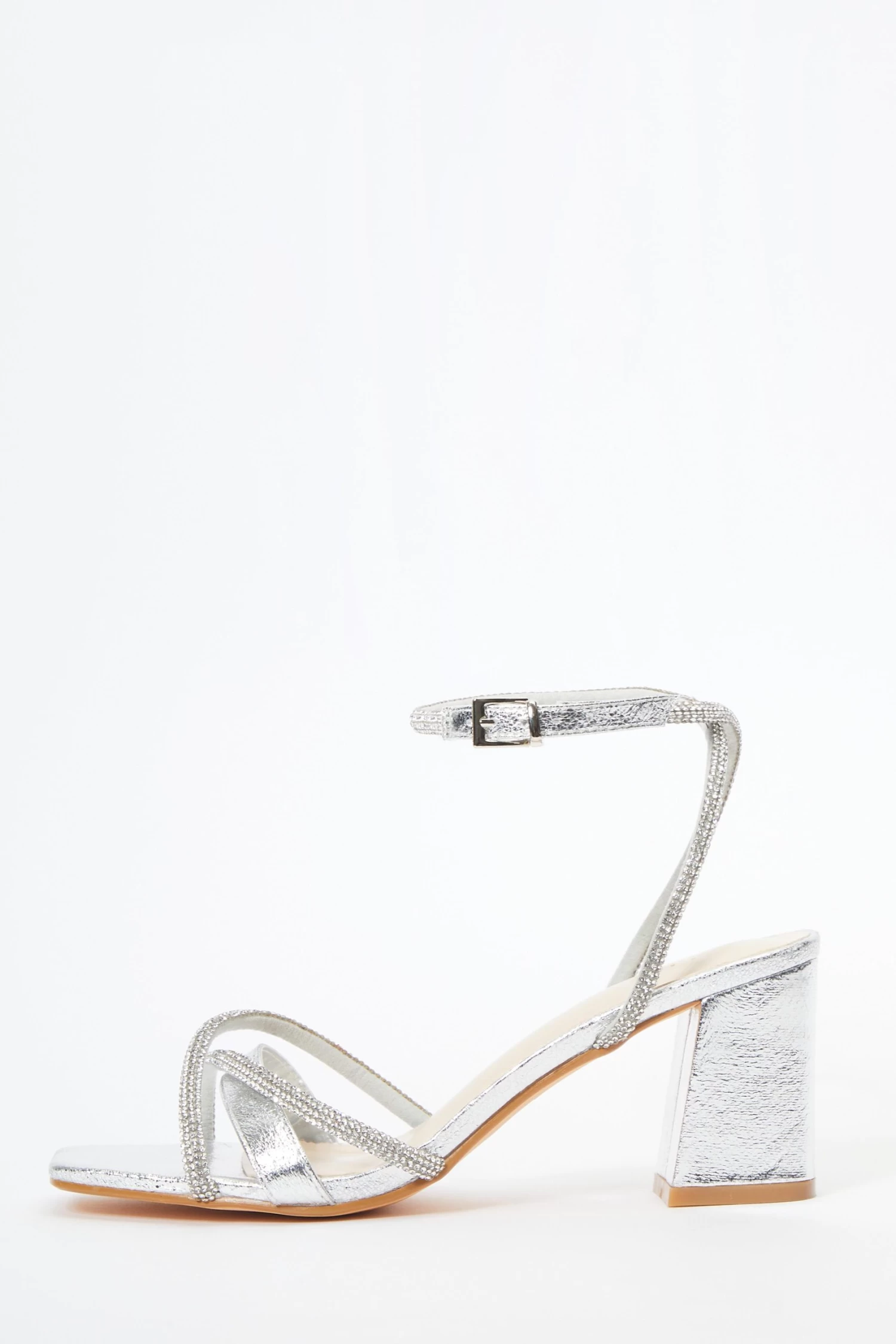 Silver Foil Diamante Block Heeled Sandals