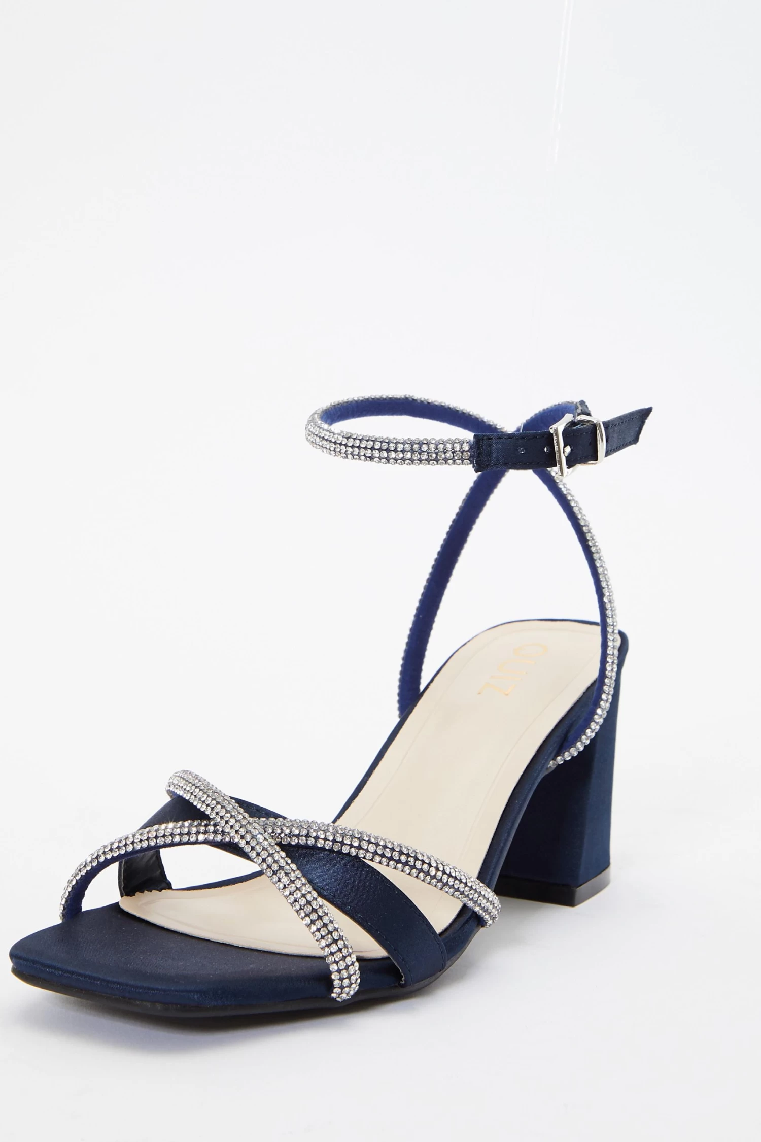 Navy Satin Diamante Block Heeled Sandals - Image 3