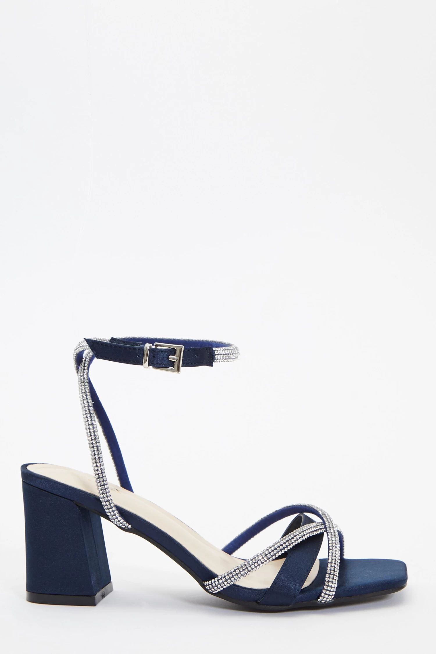 Navy Satin Diamante Block Heeled Sandals - Image 2