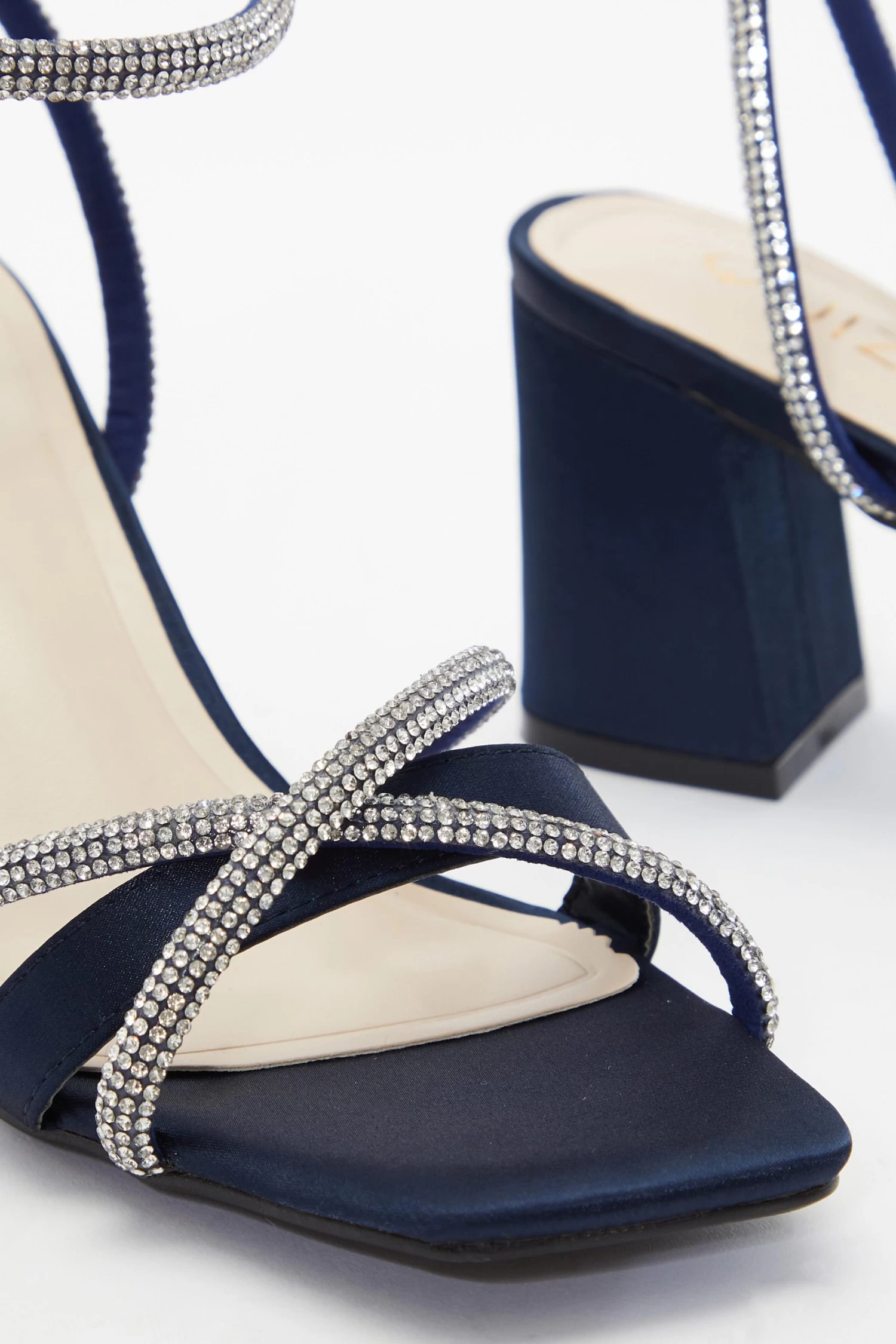 Navy Satin Diamante Block Heeled Sandals - Image 5