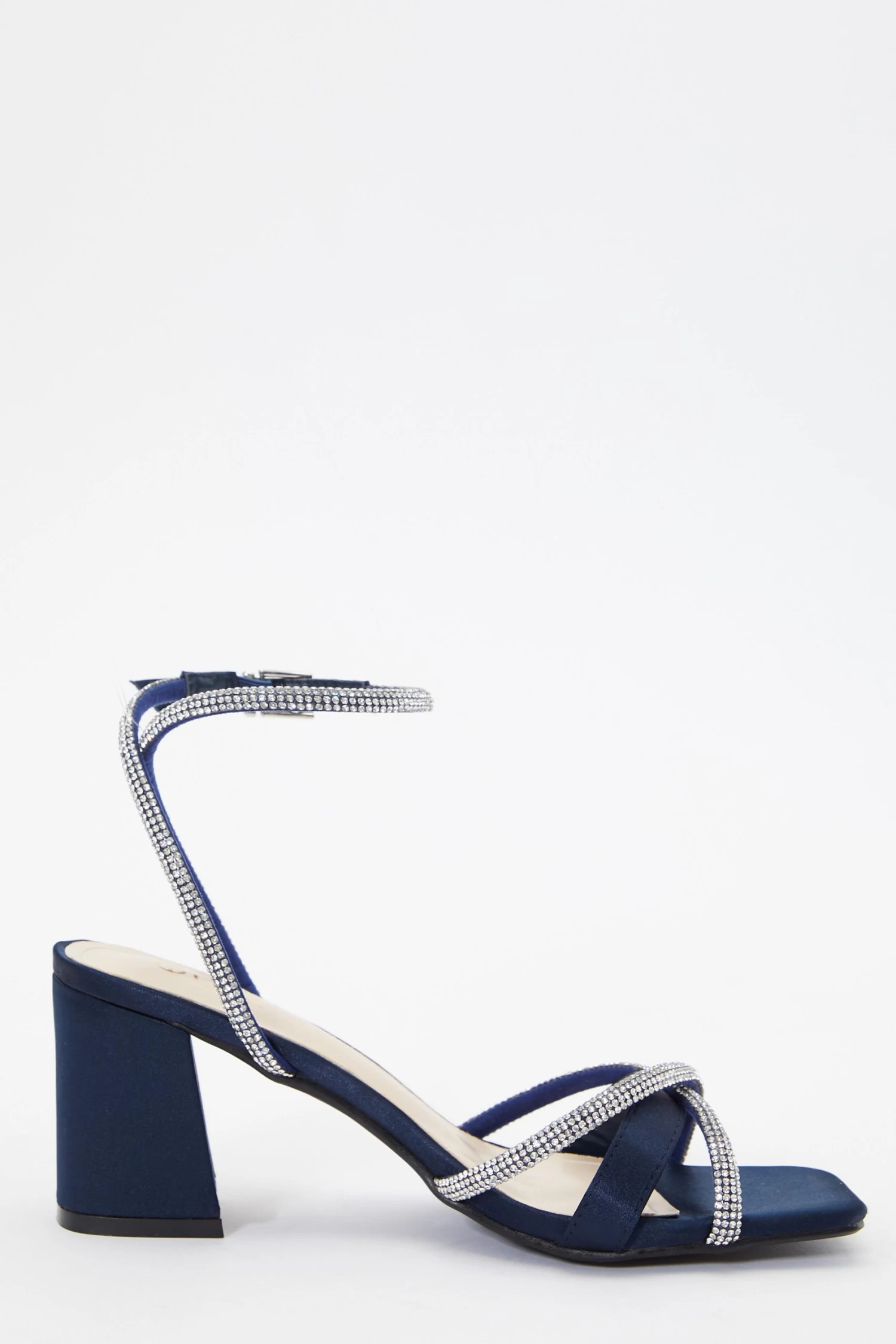Navy Satin Diamante Block Heeled Sandals - Image 6