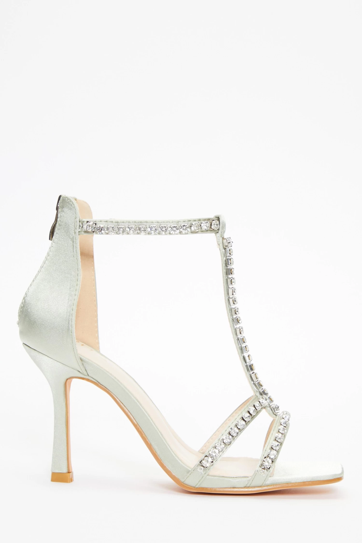 Sage Satin Diamante Stone T-Bar Heeled Sandals - Image 2