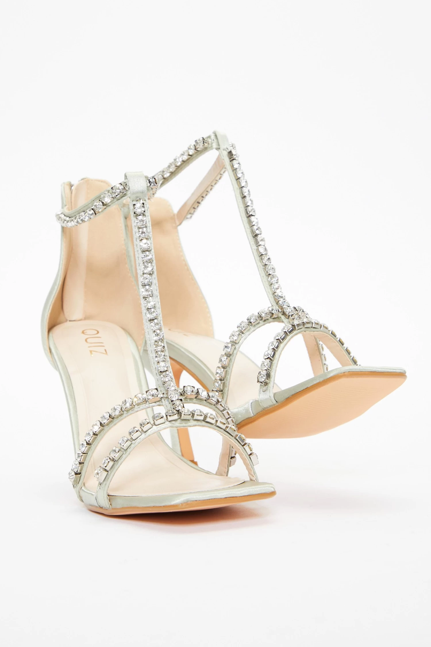 Sage Satin Diamante Stone T-Bar Heeled Sandals - Image 4